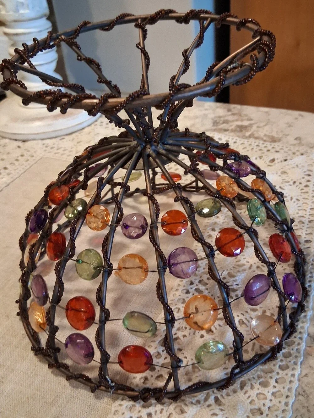 Vintage Beaded Wire & Metal Footed Bowl Basket Handmade Pop Art Retro Decor 8